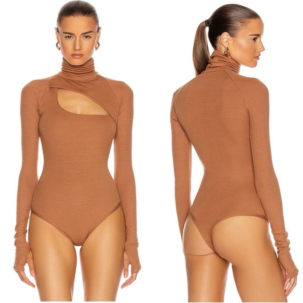 ALIX NYC Carder Modal Long Sleeve Cut Out Bodysuit Cognac Brown Ribbed XS